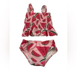 Poppy Kids Co Girl Watermelon Print Smocked Swimsuit Set in size 2T